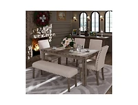 Dining Table Set for 6, 6 Piece Farmhouse Dining Set, Country Style Kitchen Table, 4 Upholstered Chairs & Bench