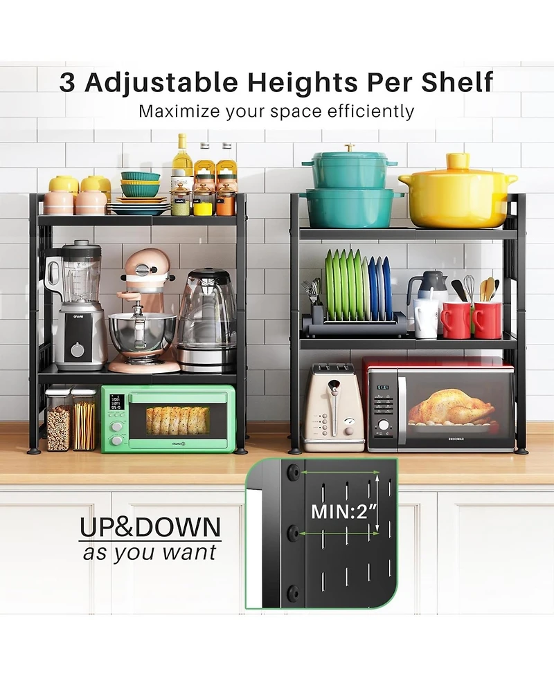 Kitstorack 17.4"- 27.4" Expandable Microwave Stand, 3-Tier Heavy Duty Adjustable Height Microwave Oven Rack with 9 Hooks and Cutting Board Holder, Cou