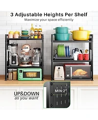 Kitstorack 17.4"- 27.4" Expandable Microwave Stand, 3-Tier Heavy Duty Adjustable Height Microwave Oven Rack with 9 Hooks and Cutting Board Holder, Cou