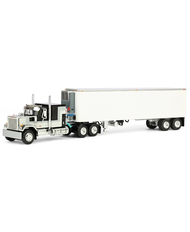 First Gear Dcp 1/64 Black Gmc General with 60in Flattop Sleeper & 40ft Vintage Reefer Trailer 60-1923