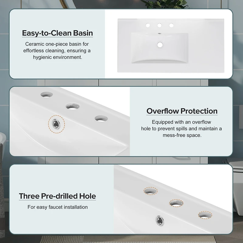 36" White Bathroom Vanity with Premium Ceramic Sink