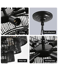 Streamdale Furniture Rustic 5-Tier Hemp Rope Chandelier with 8 Sockets, Hardwired Pendant