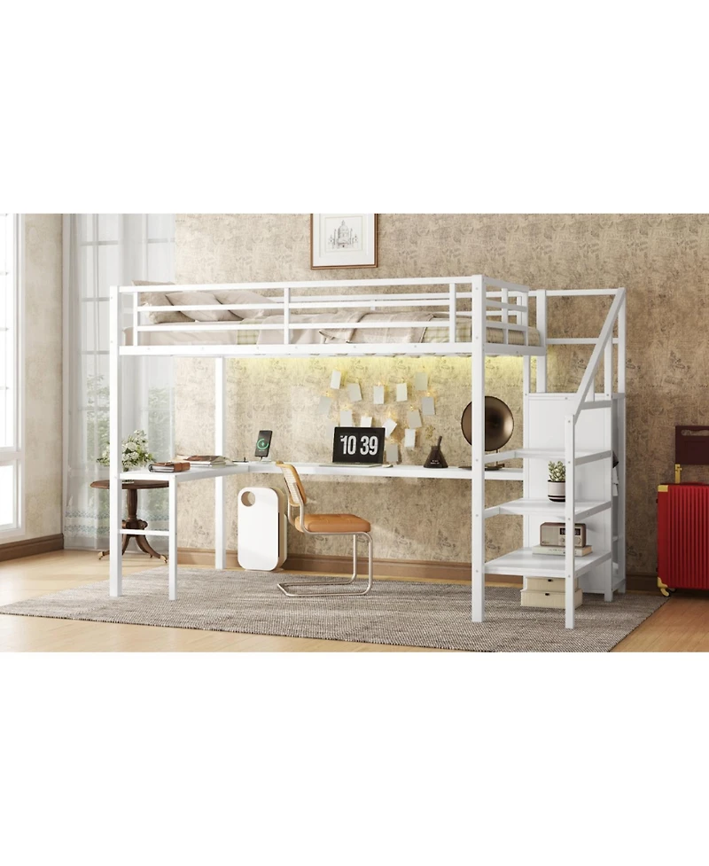 Streamdale Furniture Loft Bed with Desk Wardrobe Shelf & Led - White