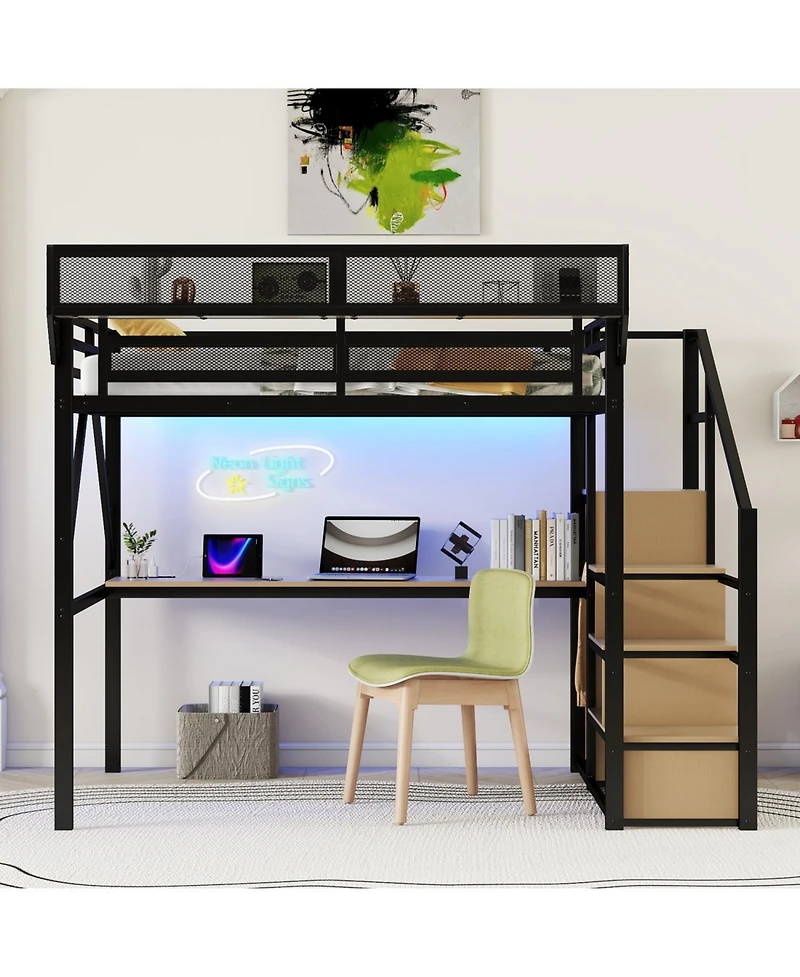 Streamdale Furniture Full Loft Bed with Desk Stairs Light & Charging - Black