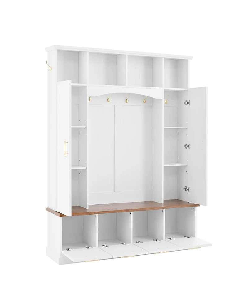 Streamdale 4-in-1 Hall Tree: 59" Wide, Golden Hooks, Walnut Bench, Adjustable Shelves, White