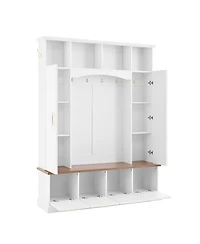 Streamdale 4-in-1 Hall Tree: 59" Wide, Golden Hooks, Walnut Bench, Adjustable Shelves, White
