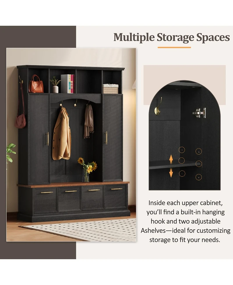 Streamdale 4-in-1 Hall Tree: 59" Wide, Golden Hooks, Walnut Bench, Adjustable Shelves, White