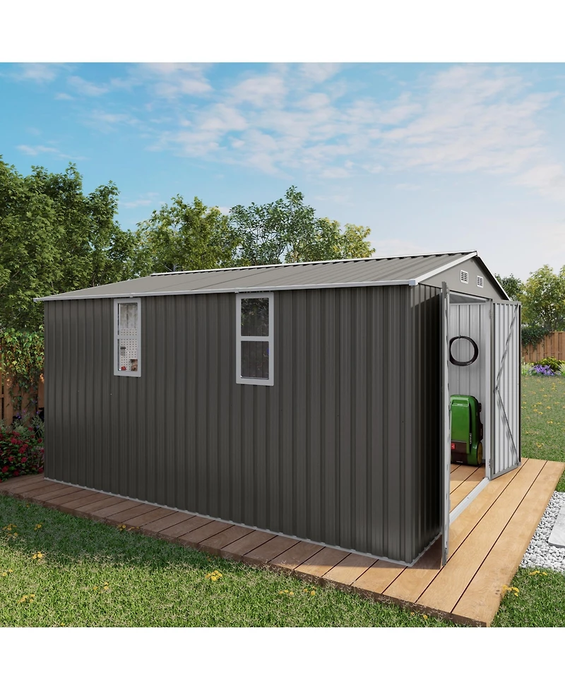 Streamdale Furniture 10x12FT Metal Garden Storage Shed, Double Door, Window, Waterproof - Grey