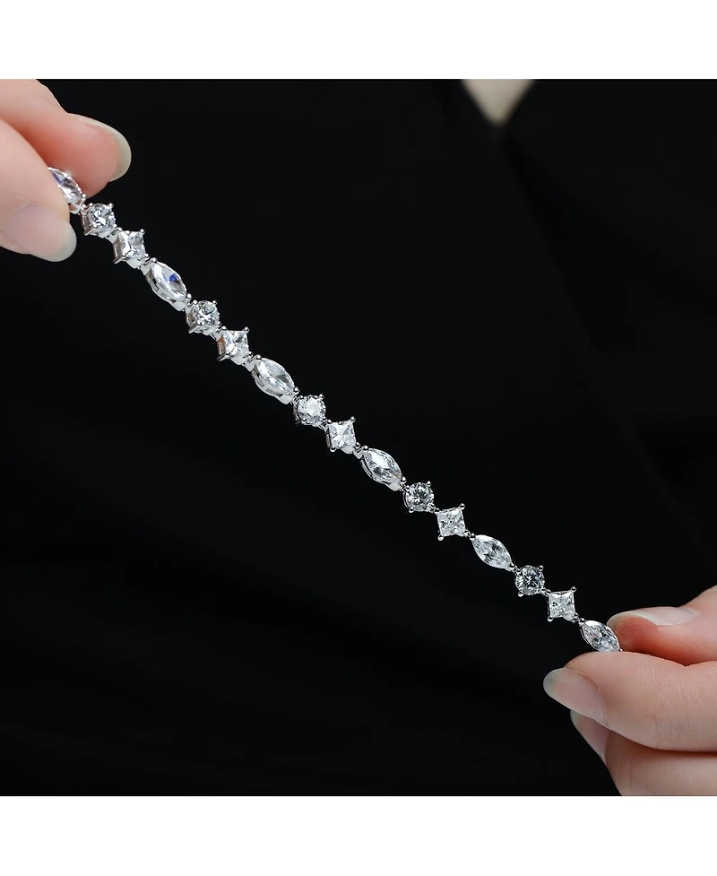 Genevive Sterling Silver White Gold Plated with Clear Cubic Zirconia Symmetrical Design Statement Bracelet