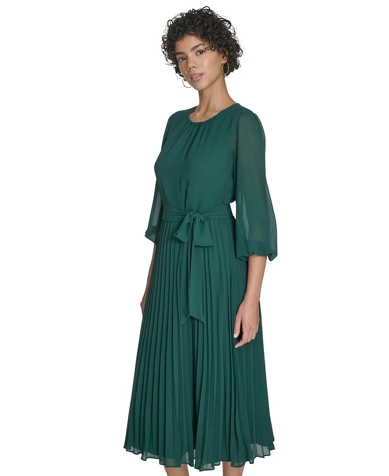 Jessica Howard Petite Balloon Sleeve Shirred Neck Pleated Skirt Belted Midi Dress