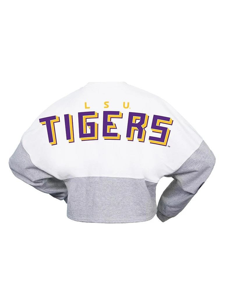 Spirit Jersey Women's White Lsu Tigers Heather Block Cropped Long Sleeve T-Shirt