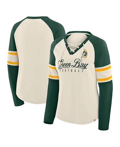 Fanatics Women's Cream/Green Bay Packers Hometown Gridiron Hero Raglan Lace-Up V-Neck Long Sleeve T-Shirt