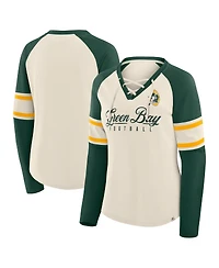 Fanatics Women's Cream/Green Bay Packers Hometown Gridiron Hero Raglan Lace-Up V-Neck Long Sleeve T-Shirt