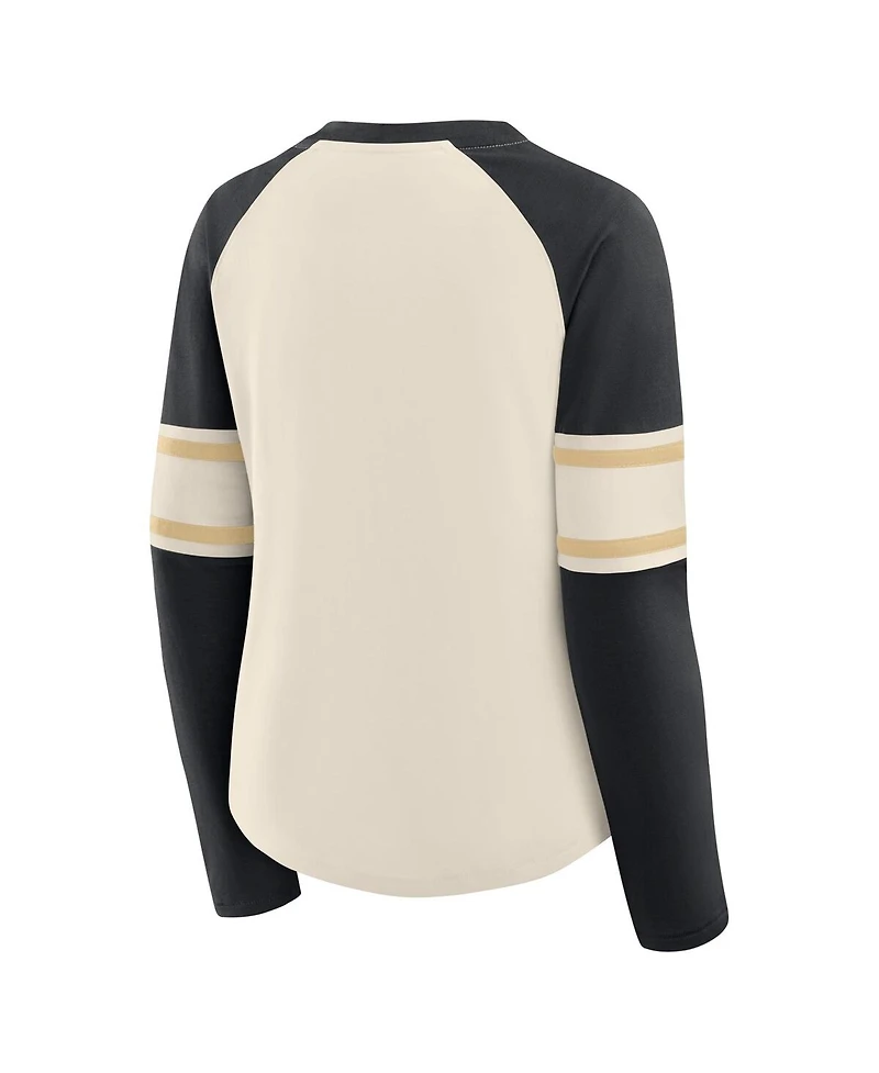 Fanatics Women's Cream/Black New Orleans Saints Hometown Gridiron Hero Raglan Lace-Up V-Neck Long Sleeve T-Shirt