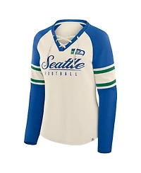 Fanatics Women's Cream/Royal Seattle Seahawks Hometown Gridiron Hero Raglan Lace-Up V-Neck Long Sleeve T-Shirt