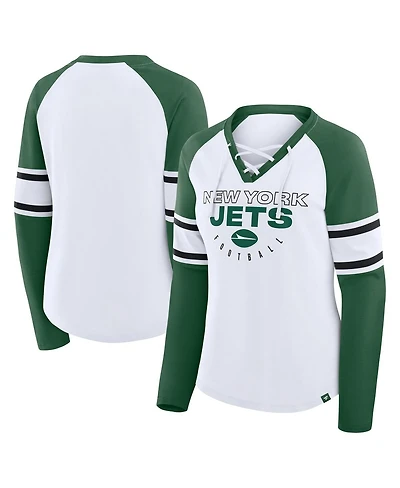 Fanatics Women's White/Green New York Jets Redzone Blitz Package Raglan Lace-Up V-Neck Long Sleeve T-Shirt