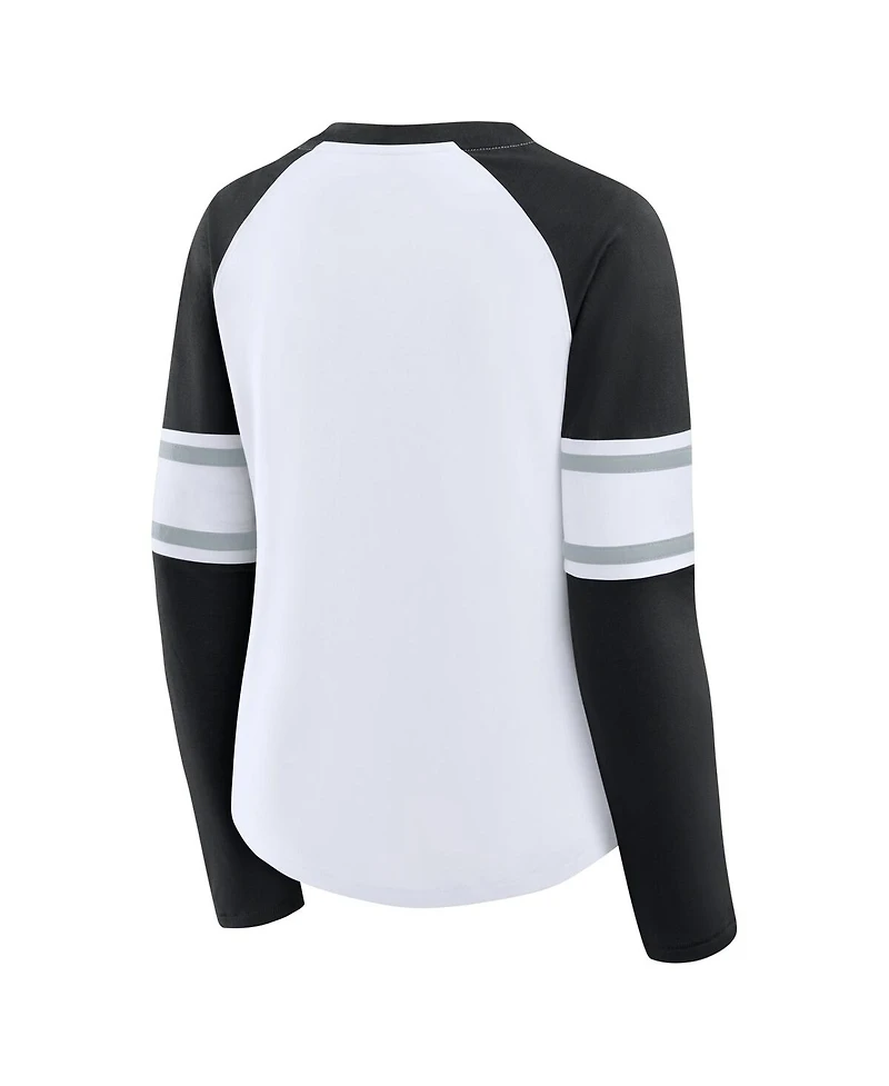 Fanatics Women's White/Black Las Vegas Raiders Redzone Blitz Package Raglan Lace-Up V-Neck Long Sleeve T-Shirt
