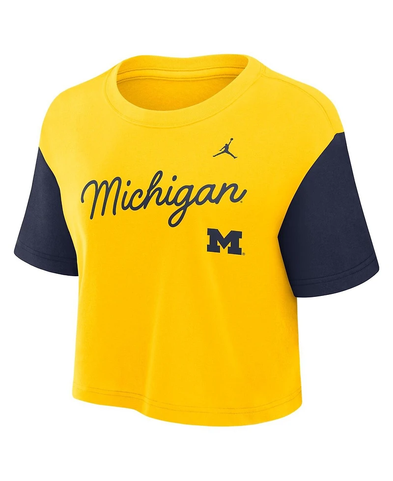 Jordan Women's Maize/Navy Michigan Wolverines Color-Block Script Dri-fit Cropped T-Shirt