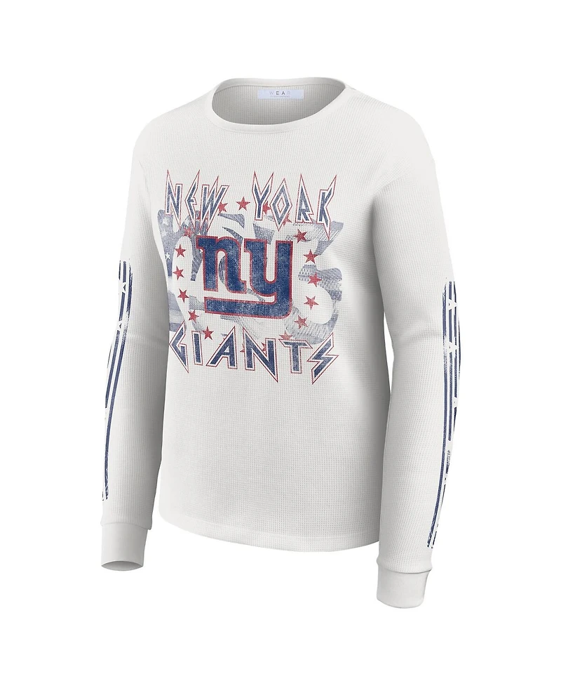 Wear by Erin Andrews Women's White New York Giants Graphic Waffle Long-Sleeve T-Shirt