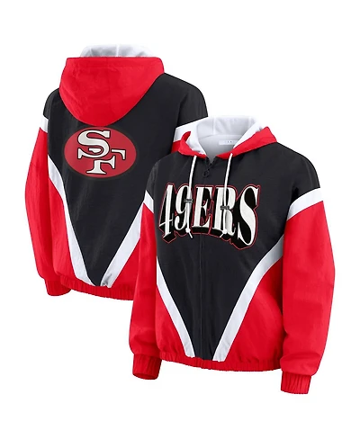 Wear by Erin Andrews Women's Black/Scarlet San Francisco 49ers Retro Crinkle Full-Zip Hoodie Windbreaker