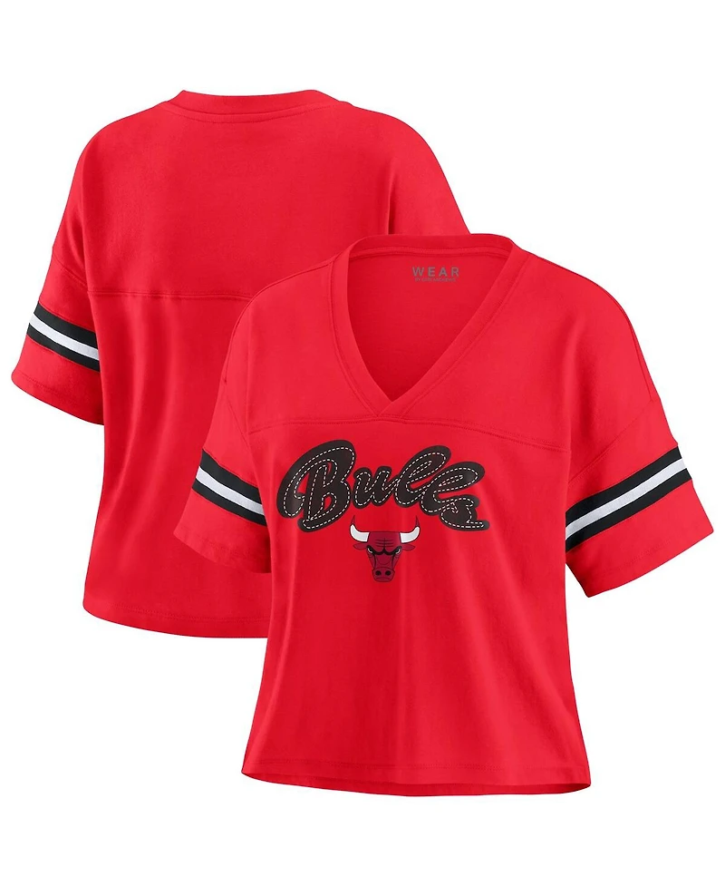 Wear by Erin Andrews Women's Red Chicago Bulls Plus Color Block Boxy V-Neck T-Shirt