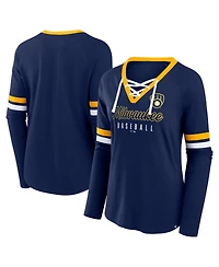 Fanatics Women's Navy Milwaukee Brewers Won Done Raglan Lace-Up Long Sleeve T-Shirt