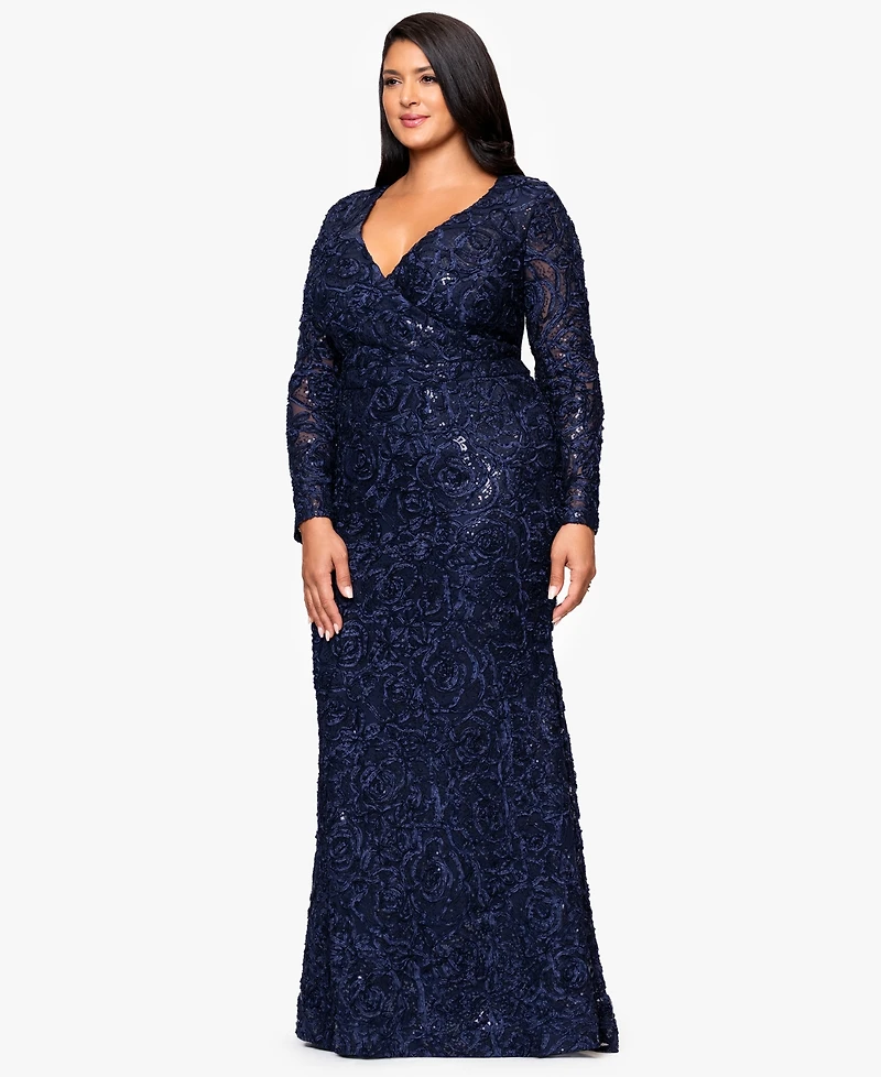 Xscape Plus Lace Detail V-Neck Maxi Dress