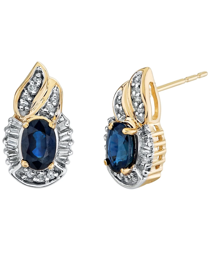 Macy's Sapphire (1-1/5 ct. t.w.), Diamond (1/4 ct.tw.), Round Diamond (1/10 ct.tw.) & Baguette Diamonds (1/5 ct.tw.) Earrings in 14k Yellow Gold