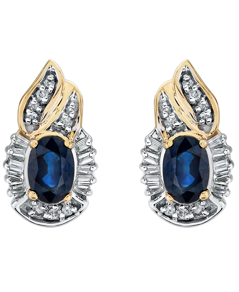 Macy's Sapphire (1-1/5 ct. t.w.), Diamond (1/4 ct.tw.), Round Diamond (1/10 ct.tw.) & Baguette Diamonds (1/5 ct.tw.) Earrings in 14k Yellow Gold