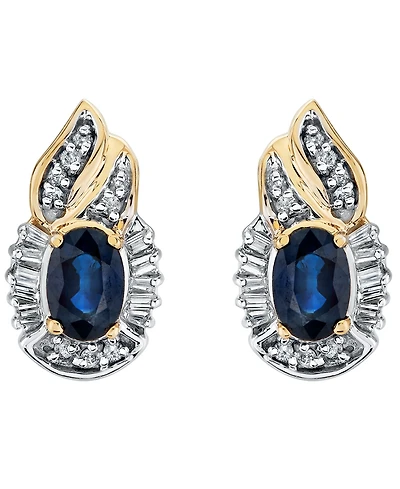 Macy's Sapphire (1-1/5 ct. t.w.), Diamond (1/4 ct.tw.), Round Diamond (1/10 ct.tw.) & Baguette Diamonds (1/5 ct.tw.) Earrings in 14k Yellow Gold