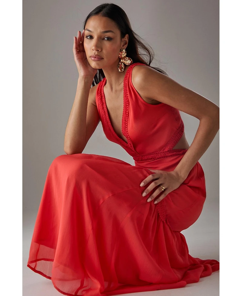 Warehouse Women's Chiffon Fringe Trim Cut Out Maxi Dress