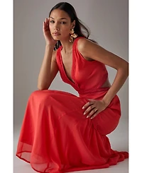 Warehouse Women's Chiffon Fringe Trim Cut Out Maxi Dress