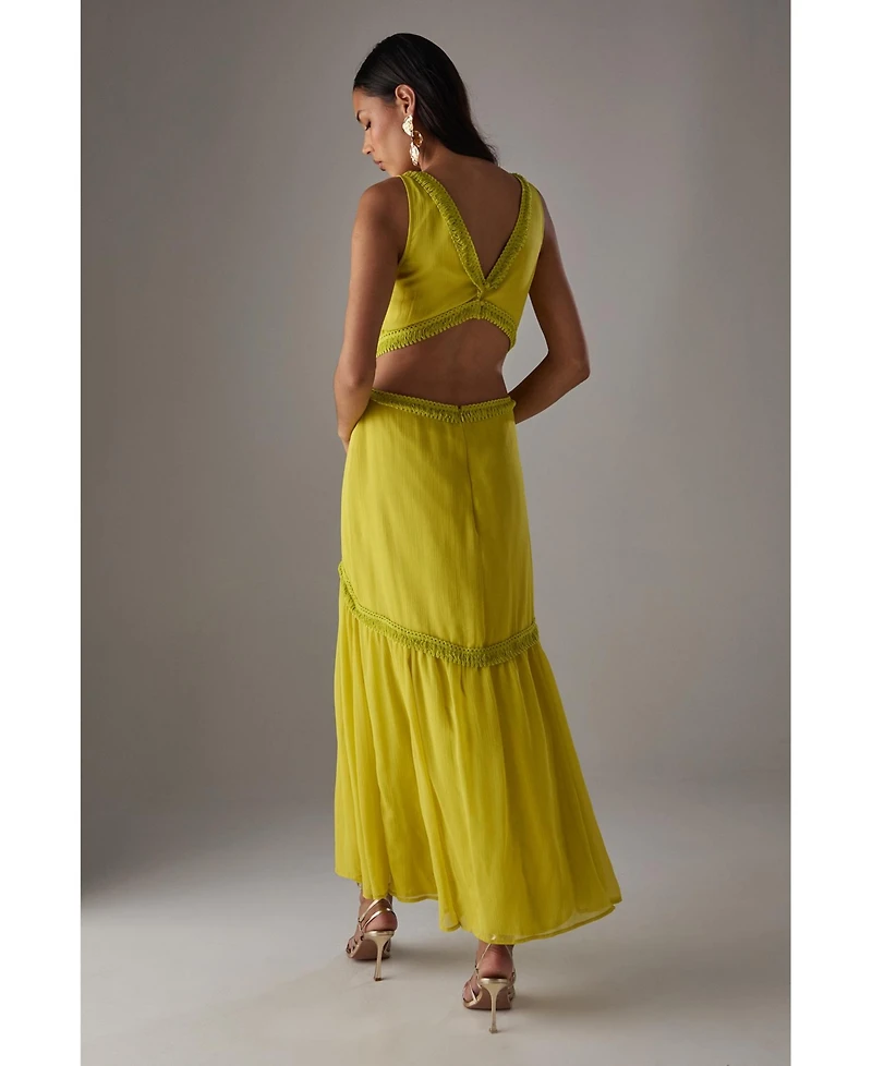 Warehouse Women's Chiffon Fringe Trim Cut Out Maxi Dress