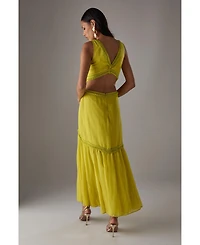 Warehouse Women's Chiffon Fringe Trim Cut Out Maxi Dress
