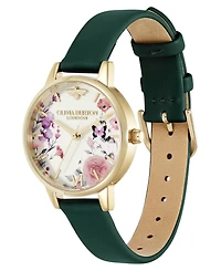 Olivia Burton Women's Illustrated Floral Green Calfskin Leather Strap Watch, 30mm