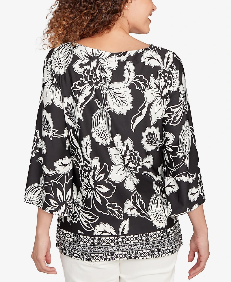 Ruby Rd. Petite Floral Geo Border Knit Top