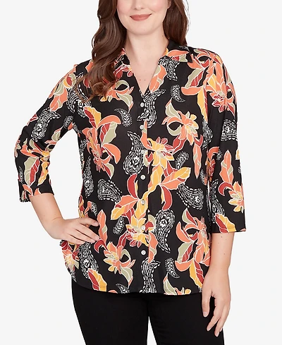Ruby Rd. Petite Shirt Collar Floral Paisley Button Front Top