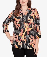 Ruby Rd. Petite Shirt Collar Floral Paisley Button Front Top
