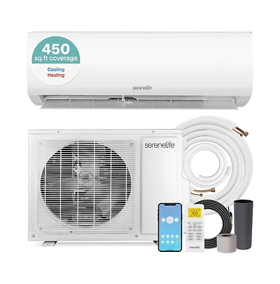SereneLife 9,000 Btu Indoor and Outdoor Mini Split Ac Unit Kit – 115V Smart Cooling & Heating Mini Split Ac with WiFi, Includes Installation Kit, Perf