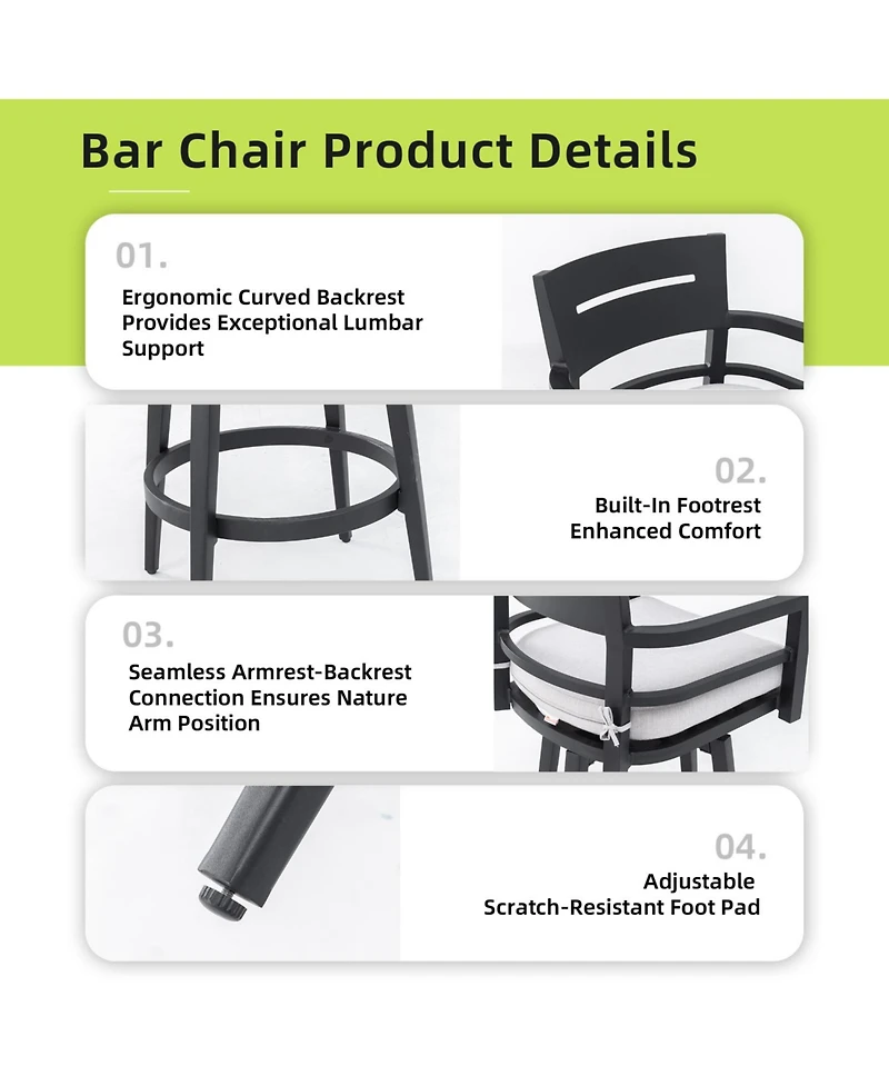 Streamdale Furniture Modern Outdoor Swivel Bar Chairs - Black Aluminum & Sunbrella
