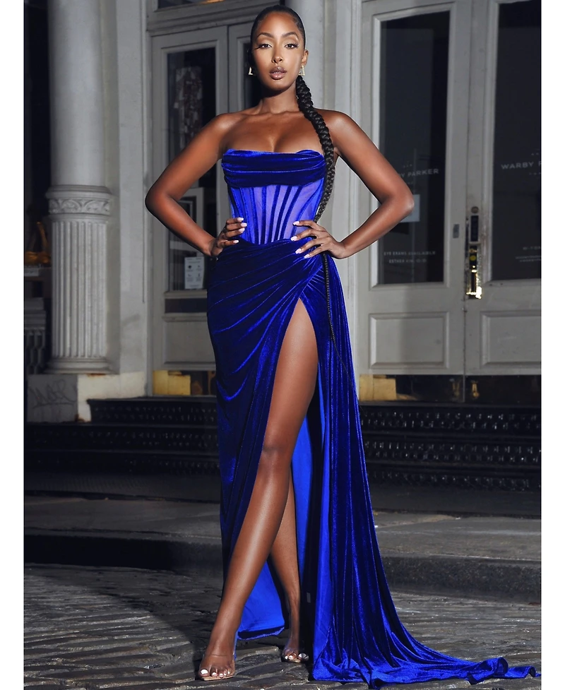 Miss Circle Women Priya Royal Blue Draping Corset High Slit Velvet Gown