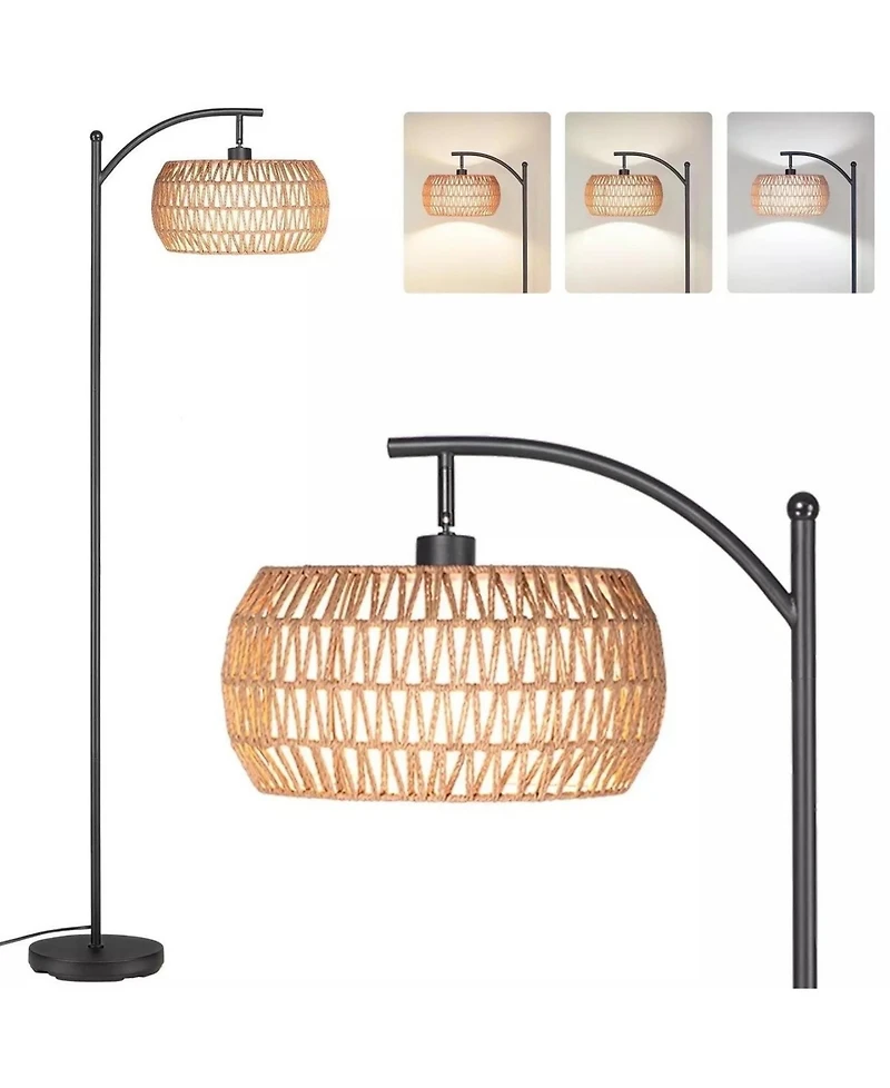 Sugift Dimmable Boho Floor Lamp with Rattan & Linen Drum Shade – Remote & Footswitch Control