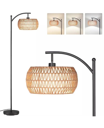 Sugift Dimmable Boho Floor Lamp with Rattan & Linen Drum Shade – Remote & Footswitch Control