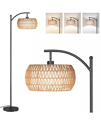 Sugift Dimmable Boho Floor Lamp with Rattan & Linen Drum Shade – Remote & Footswitch Control