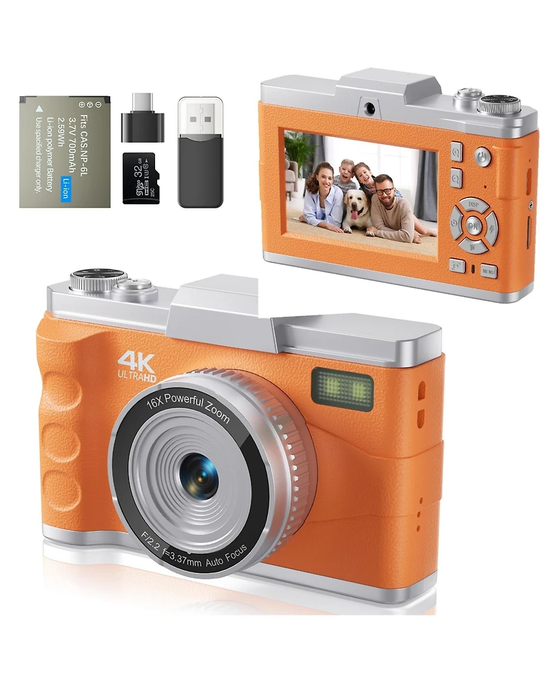 Sugift Digital Camera with 64MP Autofocus, 3.0 Inch Flip Screen, 16X Zoom, Dual Lens Vlogging Camera with Filters, Timer and 32GB Card Included