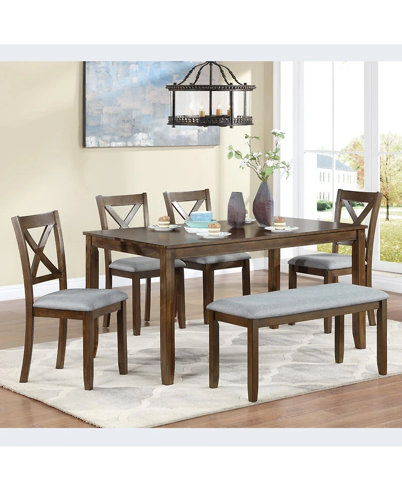 Casainc 6 Piece Wooden Dining Table Set with Table, 4 Upholstered Chairs and Bench