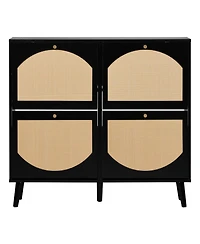 Slickblue 2 Rows of 4 Dump Buckets Shoe Cabinet with Frame High Legs and Wood Rattan Surface