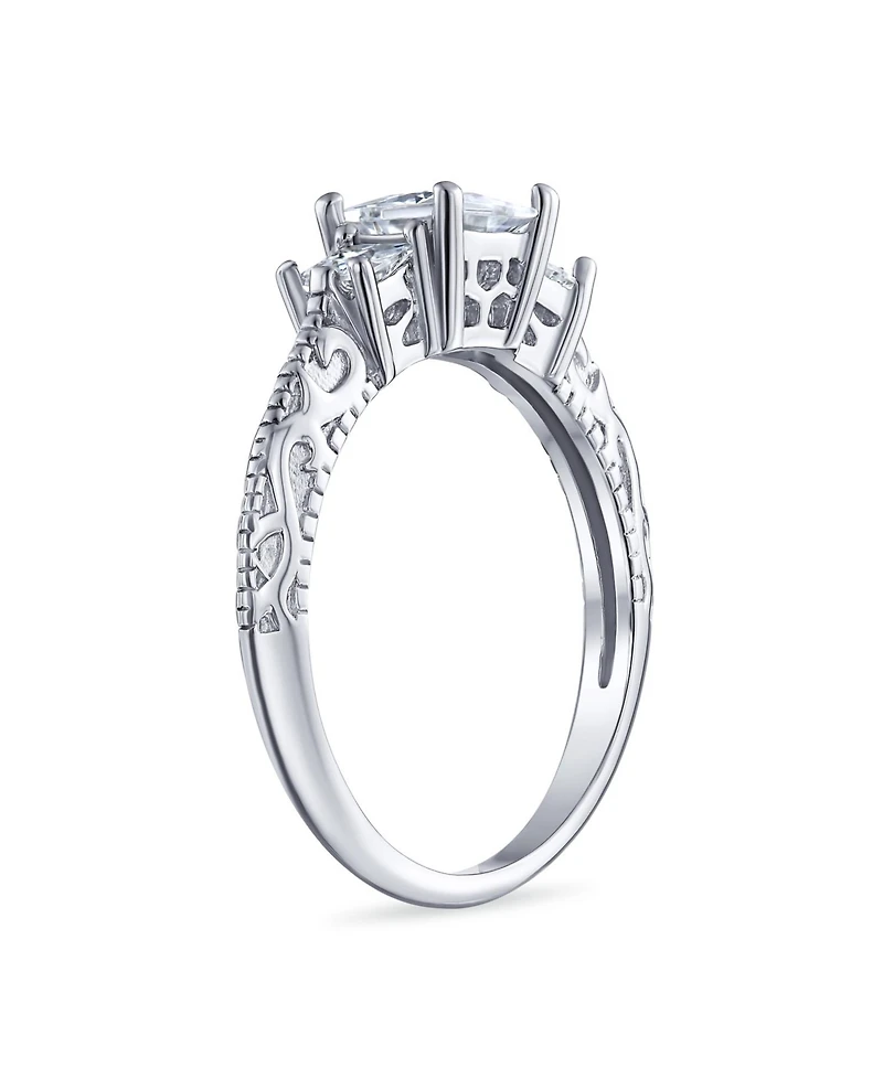 Bling Jewelry 3CT Royal Blue Cz Three Stone Past Present Future Cubic Zirconia Princess Cut Milgrain Filigree Promise Ring Sterling Silver