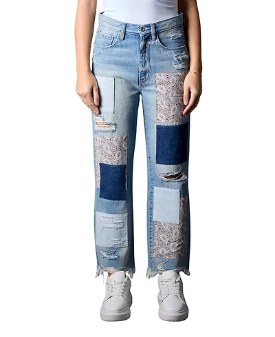Blue Revival Women's Miami Paisley Patchwork 100% Cotton Straight Leg Jeans