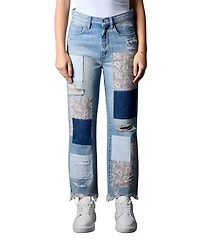 Blue Revival Women's Miami Paisley Patchwork 100% Cotton Straight Leg Jeans